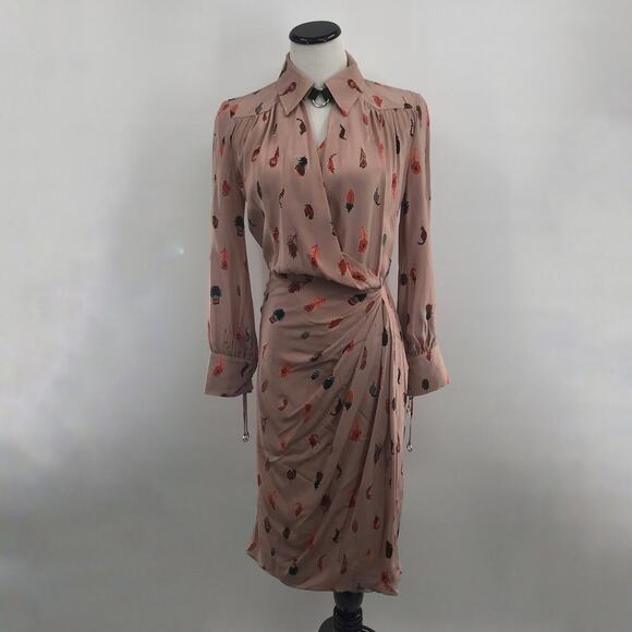 Altuzarra Kat Feather Printed Silk Midi Salmon Pink Dress 36 - Picture 5 of 12